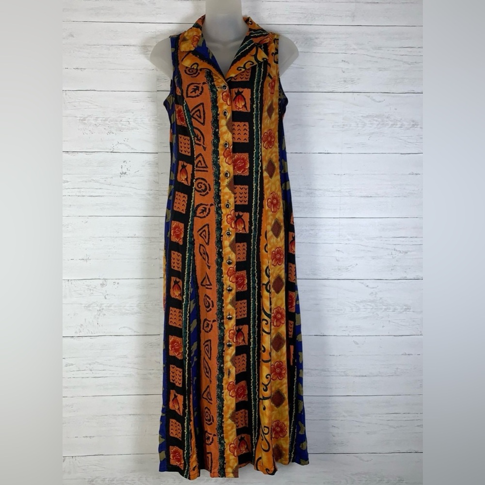 Vintage Bentley collared midi dress size 6 mixed print button front sleeveless